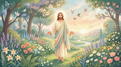 Jesus Christ Walking Through a Serene Garden.