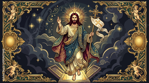 Jesus Christ Resurrected Ascending to Heaven in Divine Glory.