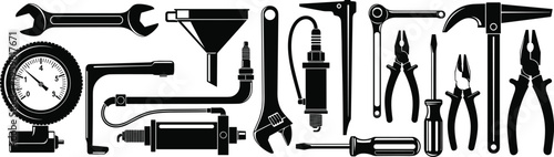 Mechanical tools silhouette collection featuring wrench pliers screwdriver hammer spark plug gauge and repair equipment isolated vector illustration set for workshop use