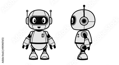 Black and White Robot Full Body Vector – Futuristic Android Character Illustration