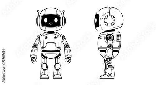Black and White Robot Full Body Vector – Futuristic Android Character Illustration