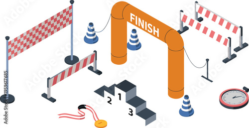 Race finish line scene, sports competition setup with podium, barriers, stopwatch, cones and medal, athletic event victory concept illustration