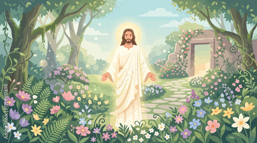Jesus Christ Standing in a Serene Garden with a Halo.