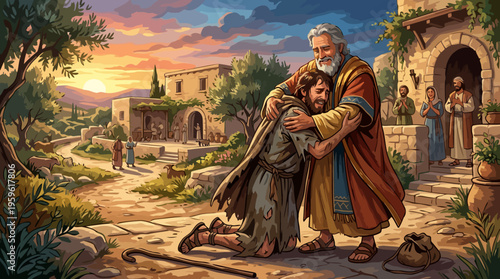 Father embracing his long lost son, a powerful reunion scene.