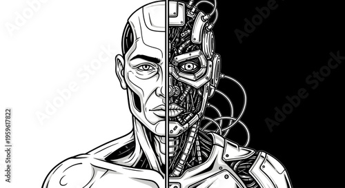 Half Robot Half Human Vector – Black and White Cyborg Face Illustration 2