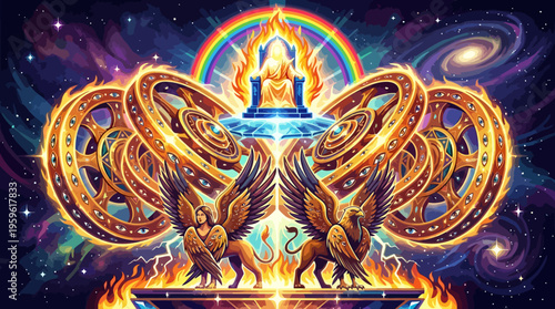 Vibrant Spiritual Mandala with Mythical Creatures and Cosmic Elements.