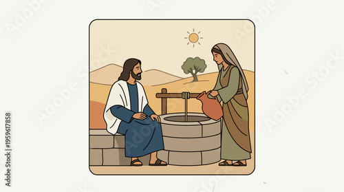 Jesus and Samaritan Woman Meeting at Ancient Well.