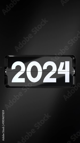 Black Shiny Vertical Flip Calendar with Changing Years on Dark Background - 3d 4k vertical animation (2160 x 3840 px)