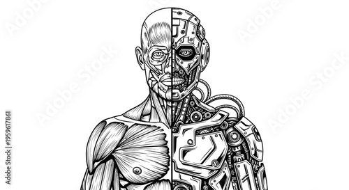 Half Robot Half Human Vector – Black and White Cyborg Face Illustration 3
