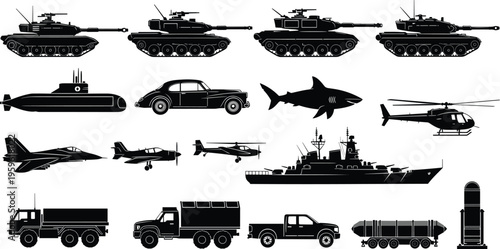 Military transport and combat vehicle silhouette collection featuring tanks aircraft submarine helicopter ships trucks and missile systems isolated vector illustration set