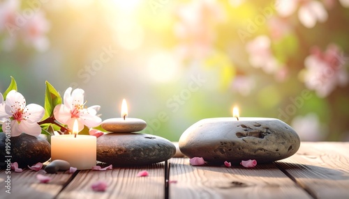 Serene Spa Stones and Candles with Cherry Blossoms in Soft Sunlight.