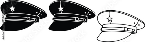 Military cap icon set in black silhouette and outline style, army officer hat symbols collection, uniform headwear illustration, defense and police accessory vector isolated