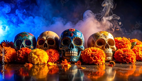 Day of the Dead Skulls and Marigolds with Smoke.