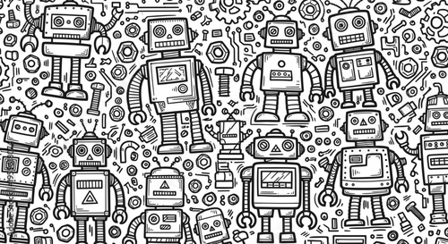 Seamless Robot Doodle Pattern – Outline Vector of Cute Hand Drawn Robots 3