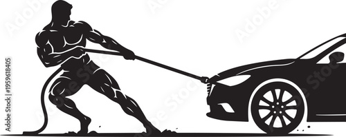 Silhouette of muscular man pulling a car with a rope, symbolizing strength, effort, and vehicle assistance