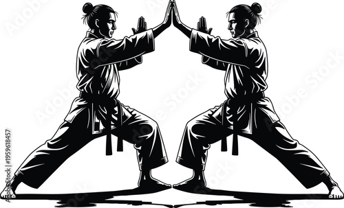 Mirror karate fighters in traditional gi performing synchronized martial arts stance with palm block pose, black and white vector illustration for self defense concept