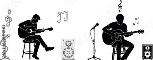 Music, musicians, guitar players, musical instruments, vector illustrations
