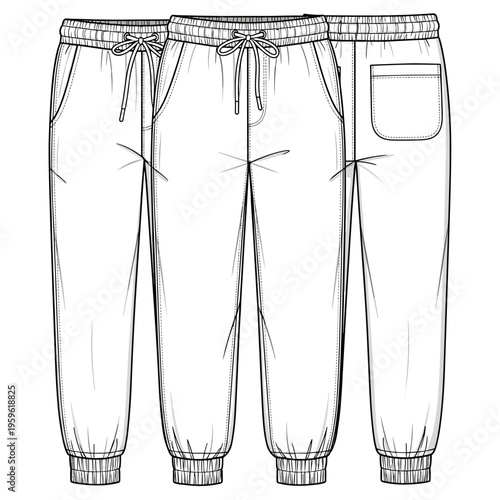Set of sweatpants technical sketches with different pocket details