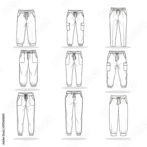 Grid of various pant styles in thin line technical sketches