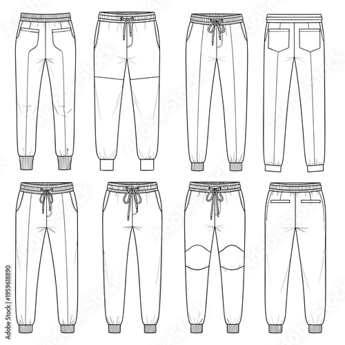 Grid of different jogger and sweatpants designs in outline