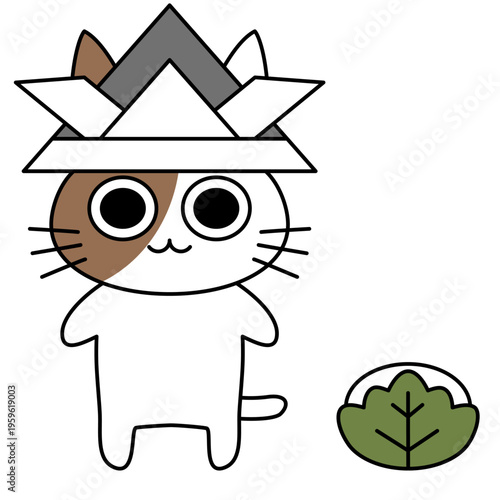 兜をかぶった猫と柏餅のかわいいイラスト 端午の節句を表現したフラットベクター素材