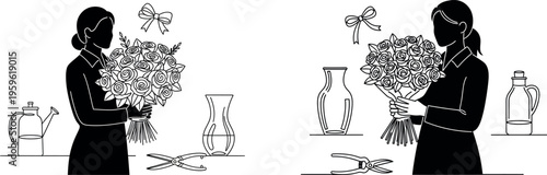 Floral arrangements, bouquet making, flower decoration, vector illustrations