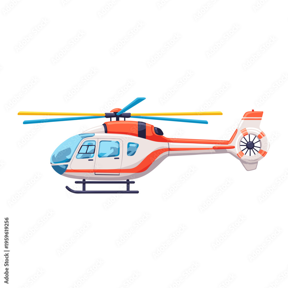 Fototapeta premium Colorful flat vector illustration of a rescue helicopter in flight