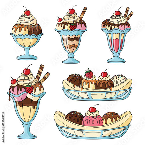 Set of ice cream sundae and banana split flat illustrations