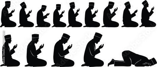 Muslim prayer silhouette collection showing man performing Islamic salah positions including sitting dua and prostration isolated vector illustration set for religious worship