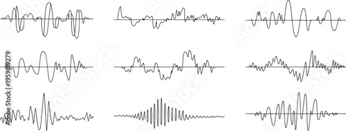 Abstract sound waveforms set, audio signal visualization, music and voice frequency waves, digital sound design, equalizer lines and waveform illustration collection