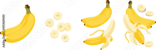 Banana set with whole fruits, peeled banana, and slices, fresh tropical food vector illustration for healthy eating, organic diet, and nutrition design
