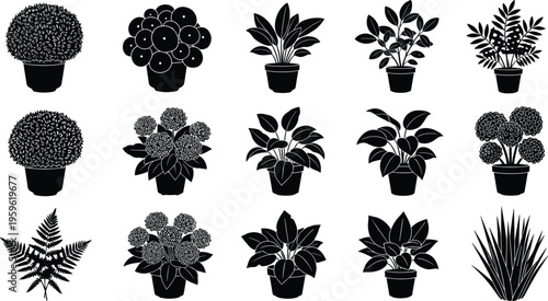 Potted plant silhouette collection featuring indoor houseplants foliage decorative leaves and floral arrangements isolated vector illustration set for home garden design