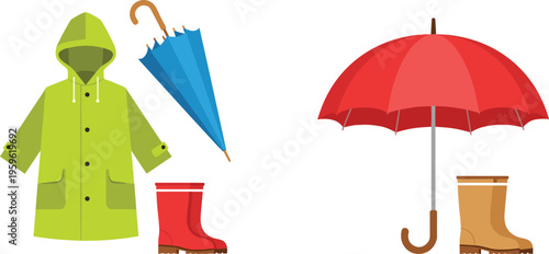Rainy weather set with umbrella, raincoat, and boots, colorful vector illustration for autumn season, protection, and outdoor rainy day design