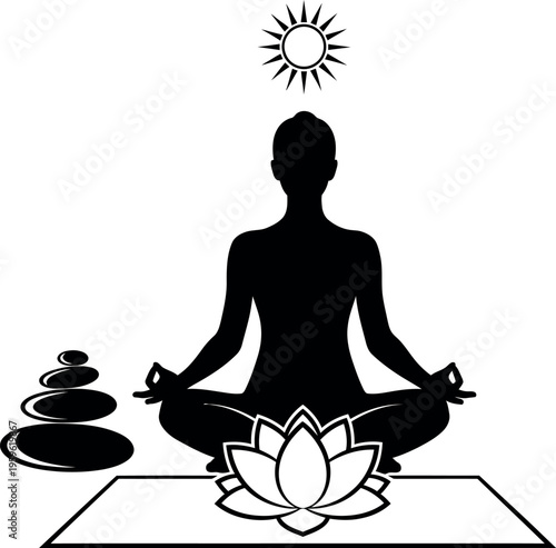 Yoga, meditation, zen, lotus, silhouette icons, black and white