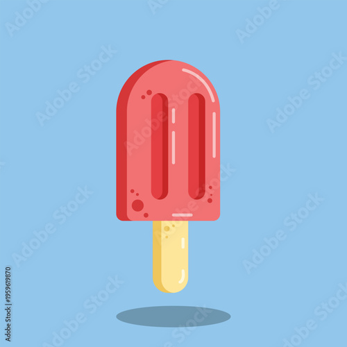 Pink red popsicle on stick with two slots on a light blue background. Summer frozen dessert flat vector illustration. Sweet fruit paleta treat with shadow.