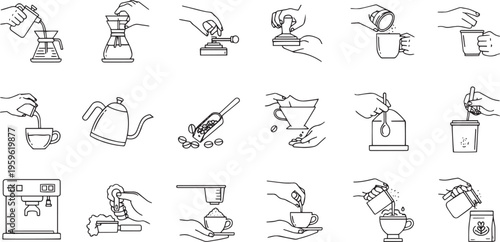 Schilderij op canvas Coffee Brewing Process and Preparation Line Icons Set