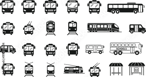 Public transport silhouette collection featuring bus train tram subway shuttle van and station icons isolated vector illustration set for urban mobility design