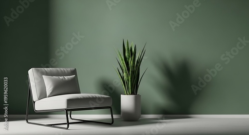 Modern minimalist living room interior with a grey armchair and a snake plant against a green wall.