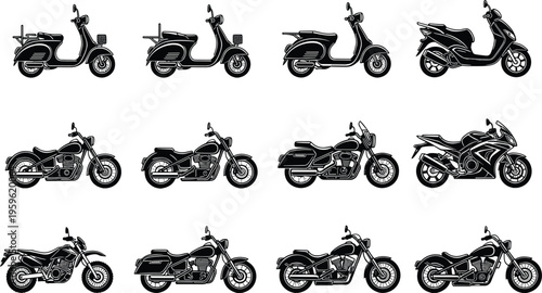 Collection of motorcycle silhouettes including scooters, cruisers, and sport bikes in minimalist black and white vector illustration set