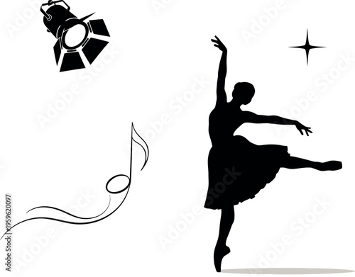 Ballet dancer silhouette, stage performance, spotlight, musical notes, dance vector