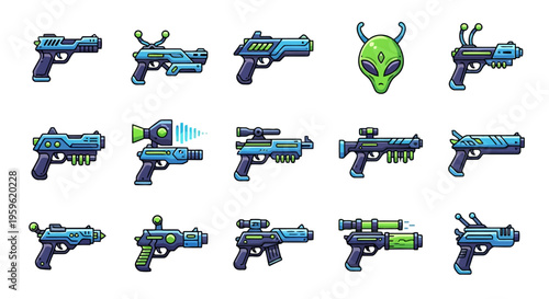 Pixelated Sci-Fi Handguns and Alien Head Illustration Set
