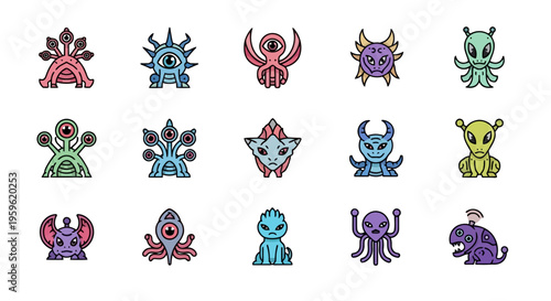 Whimsical Alien Monsters and Extraterrestrial Creatures Collection in Vibrant Cartoon Vector Art Style, Perfect for Game Design and Digital Media Projects