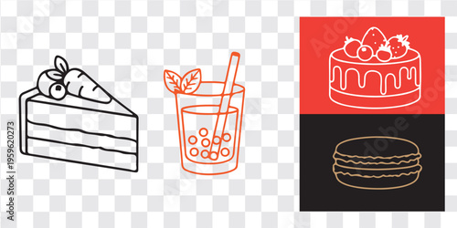 Cake slice drink tart macaron dessert icons set black white red vector