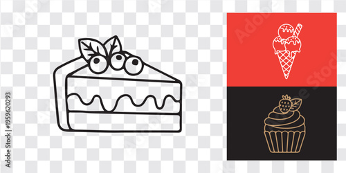 Cake slice ice cream cupcake dessert icons set black white red vector
