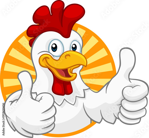 A chicken cartoon rooster cockerel character mascot giving a thumbs up.