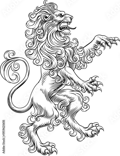 A heraldry coat of arms crest style rearing rampant heraldic lion standing on hind legs in a vintage style