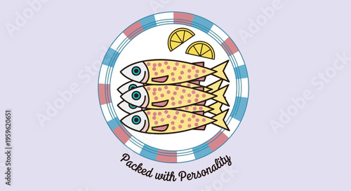 Vintage Style Graphic Illustration of Fresh Sardines on a Decorative Plate with Lemon Slices, Featuring 'Packed with Personality' Typography