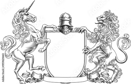 A heraldry crest lion and unicorn horse family coat of arms heraldic shield emblem design in an old medieval vintage style 