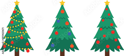 Christmas tree set with decorated evergreen trees and ornaments, festive holiday vector illustration for winter celebration, xmas decor, and seasonal design