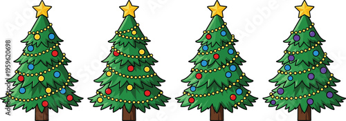 Christmas tree collection with decorated evergreen trees and star toppers, festive holiday vector illustration for winter celebration, ornaments, and seasonal design
